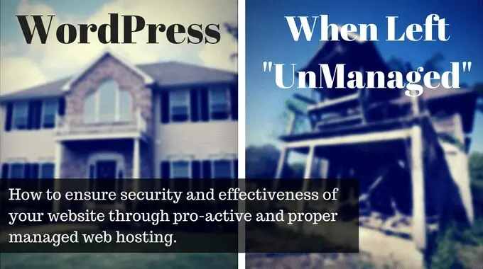 Blog graphic: WordPress when left unmanaged. How to ensure security and effectiveness of your website through proactive and proper managed web hosting.